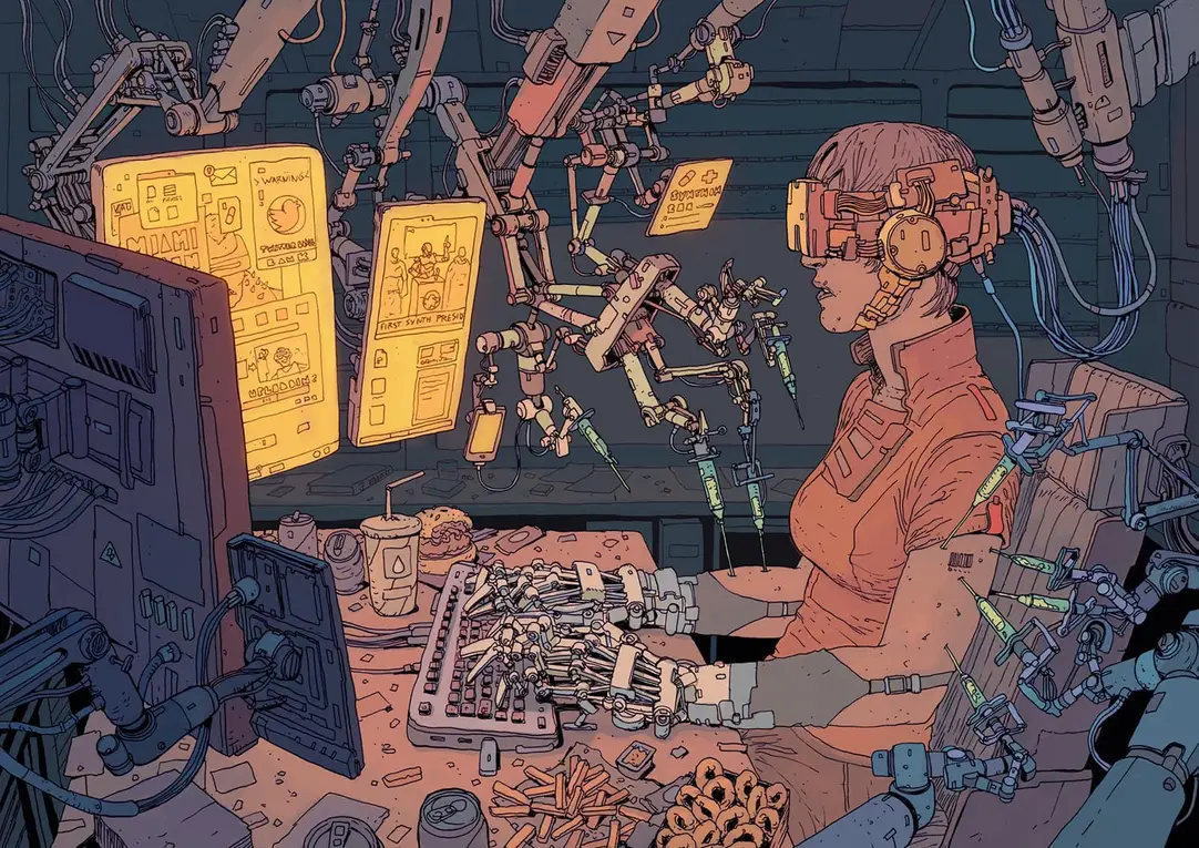 The meme is an image of a person sitting at a desk, surrounded by screens, wires, and robotic arms. The text on the screens reads "1.5 hours until the end of the world" and "I'm not crying, I'm just allergic to the apocalypse". The image is a humorous commentary on the idea that even in a world-ending scenario, someone would still be stuck in a mundane office job.